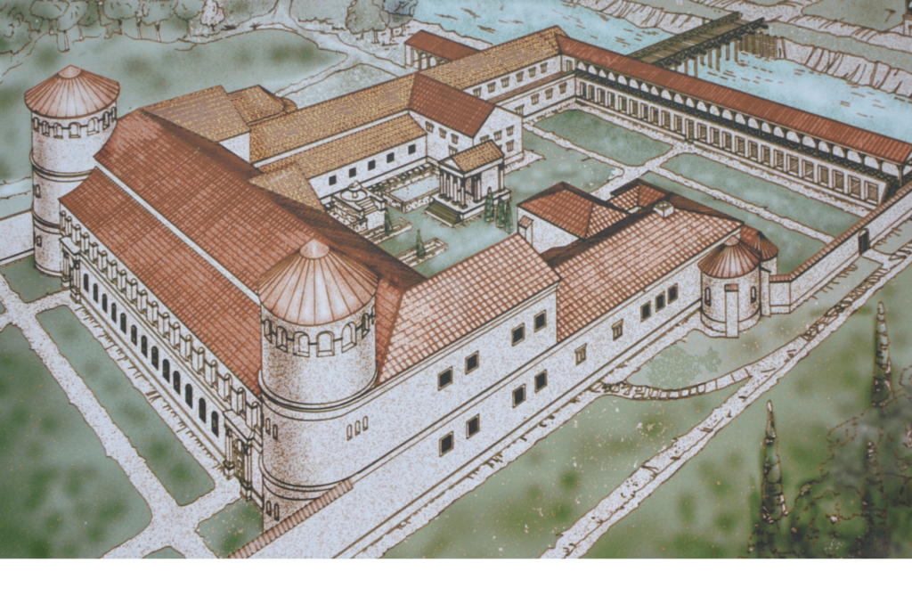 Aquincum helytartói palotájának rekonstrukciója belső udvarokkal, oszlopos termekkel és dunai környezettel.