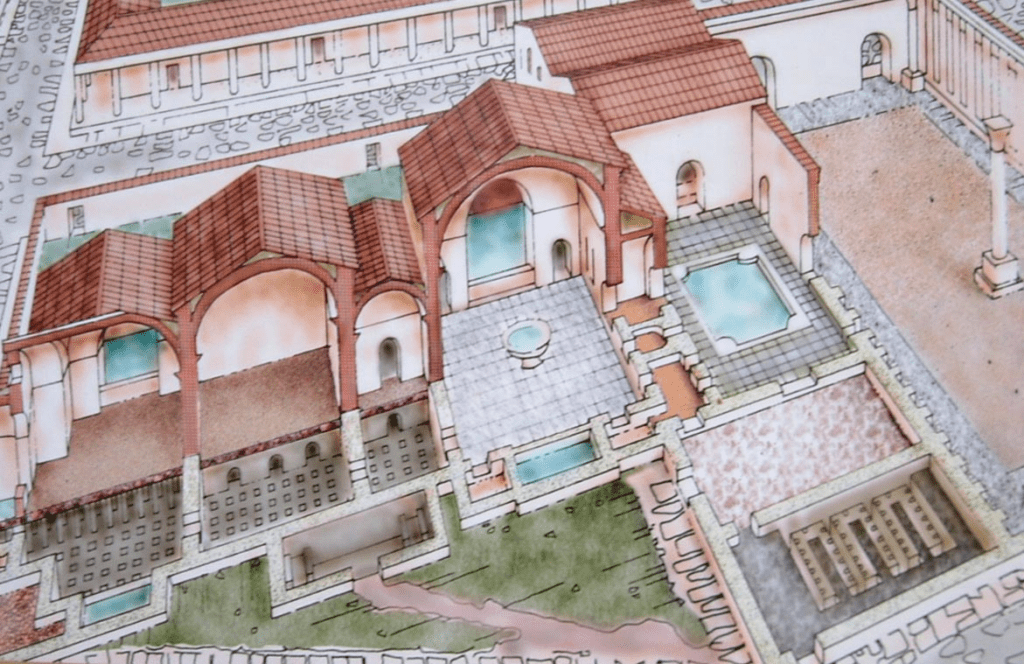 Az aquincumi légiótábor Thermae Maiores nevű nagy közfürdőjének rekonstrukciója medencékkel, padlófűtött termekkel és oszlopos udvarral.